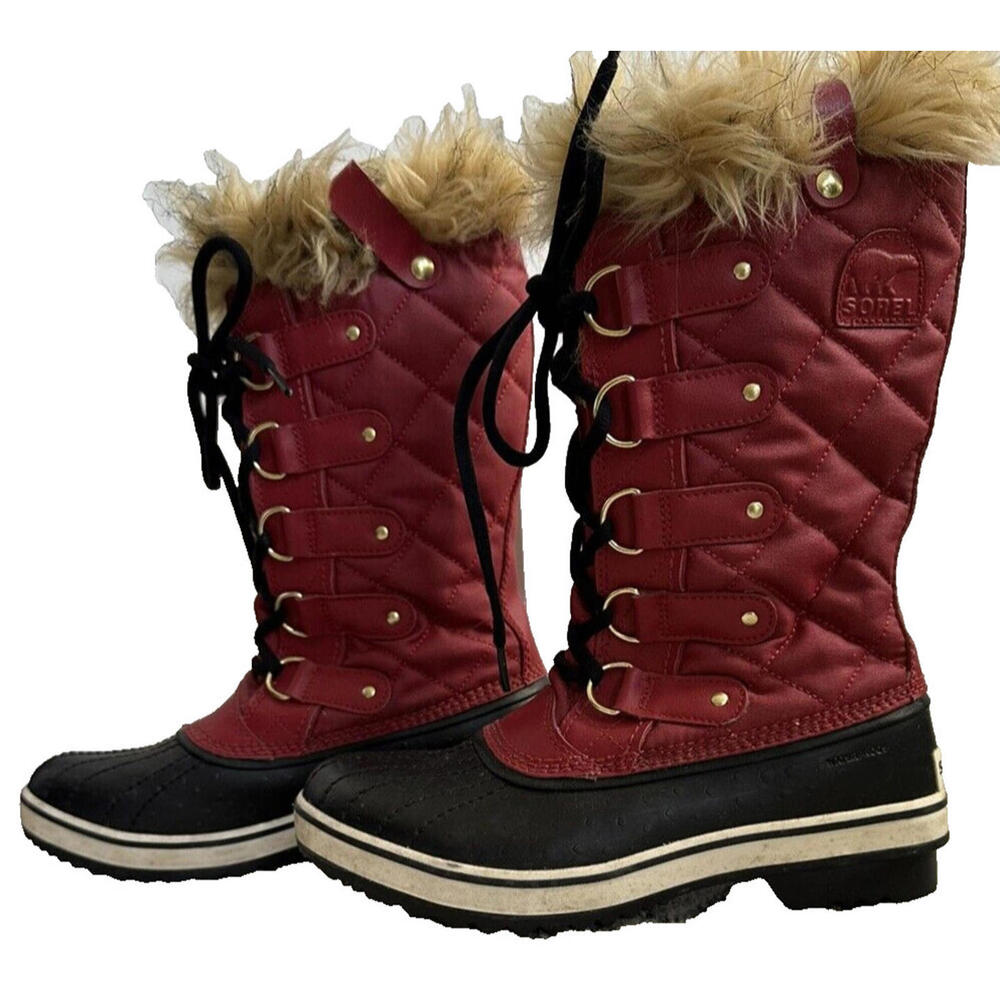 Sorel Joan of Arc Red Waterproof Snow Boots Womens 7 Faux Fur Quilted Winter - Picture 3 of 9